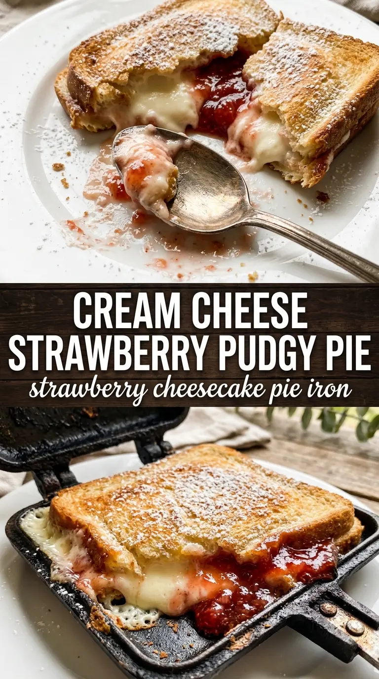 Strawberry Cheesecake Pudgy Pie golden toasted campfire dessert