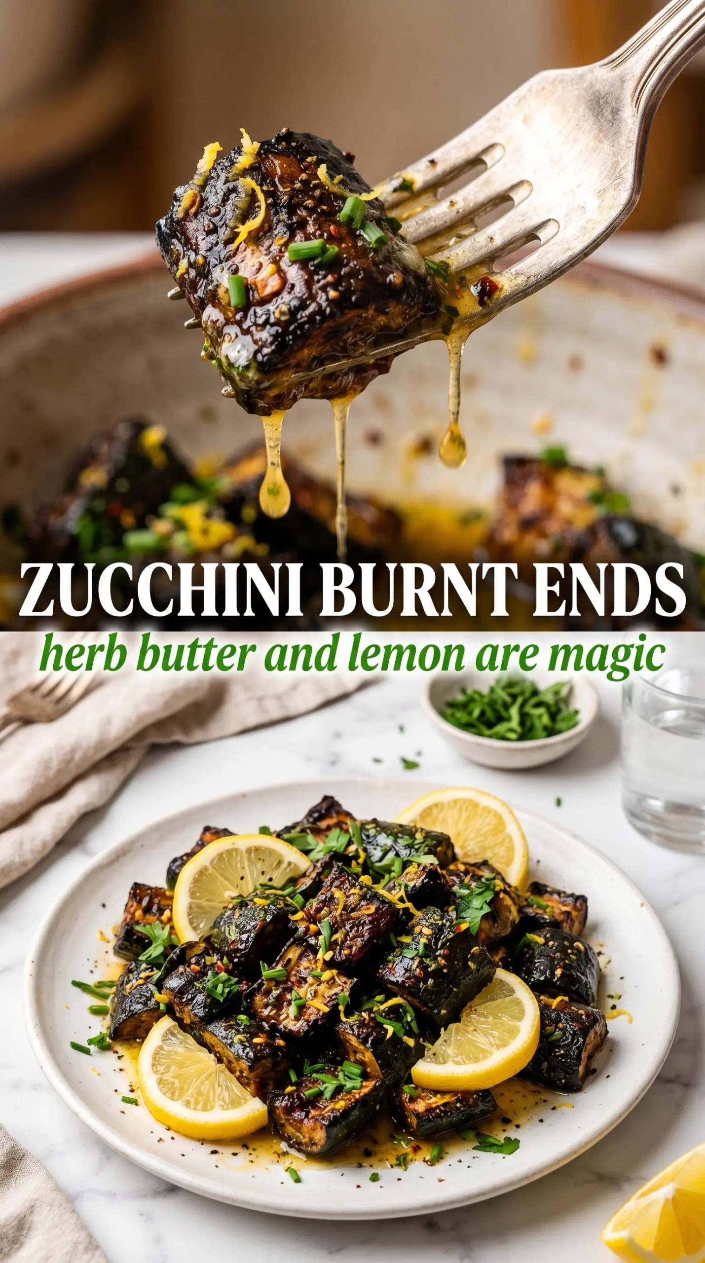 Zucchini Burnt Ends with Herb Butter and Lemon, smoky charred, herb butter
