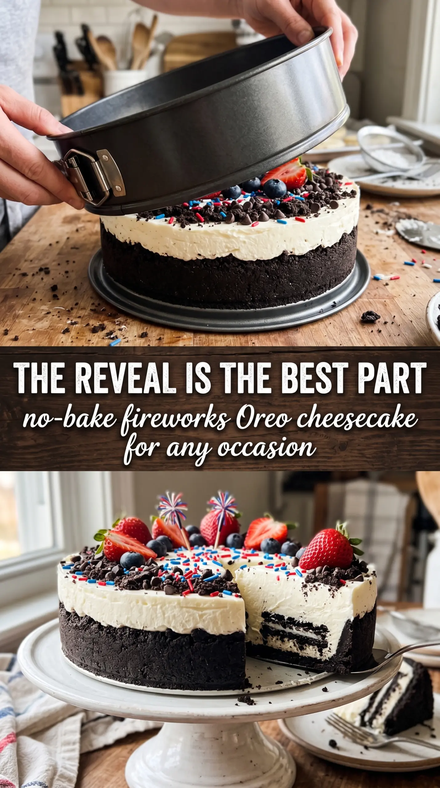 No-Bake Fireworks Oreo Cheesecake red white blue