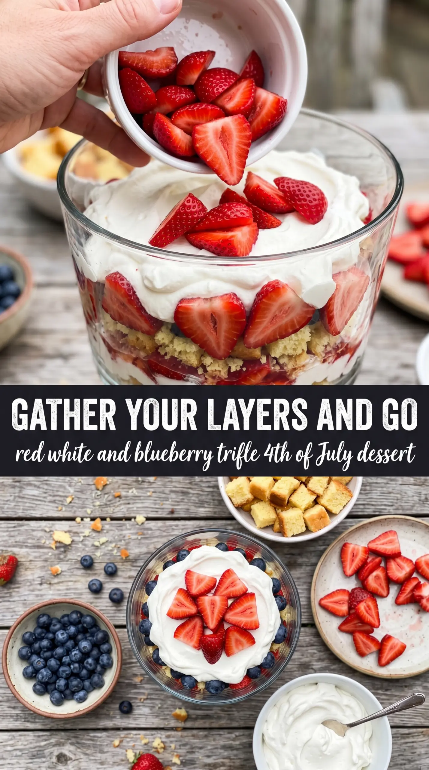 Red, White and Blueberry Trifle layered dessert, berry-filled, creamy