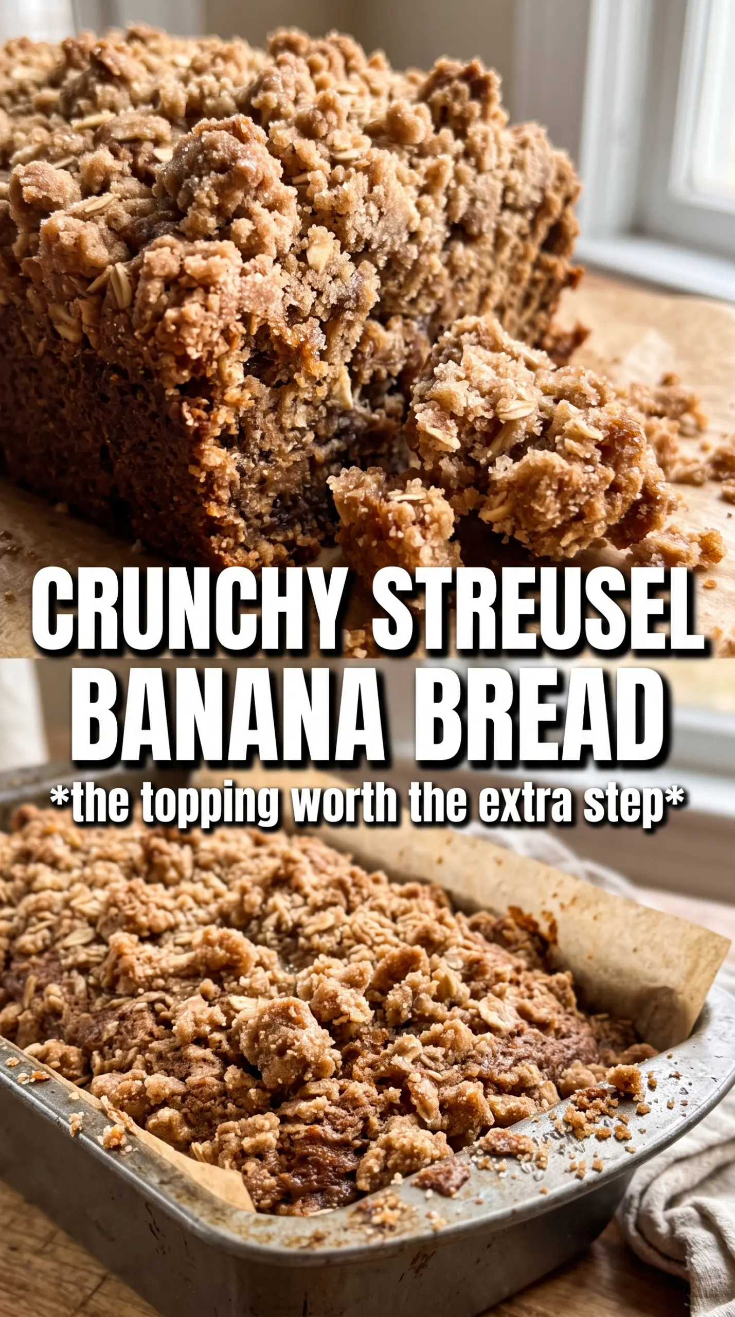 Banana Bread with Streusel Topping, crunchy top, moist crumb