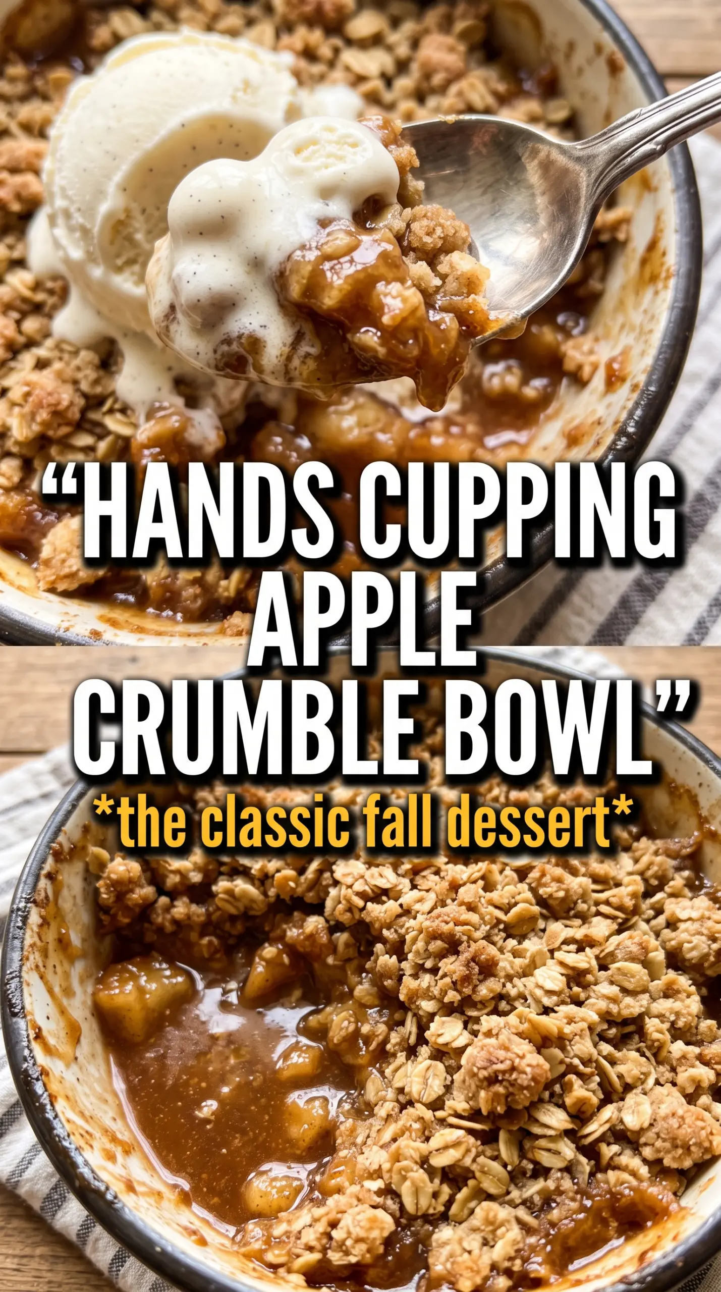Apple crumble, golden topping, caramelized apples