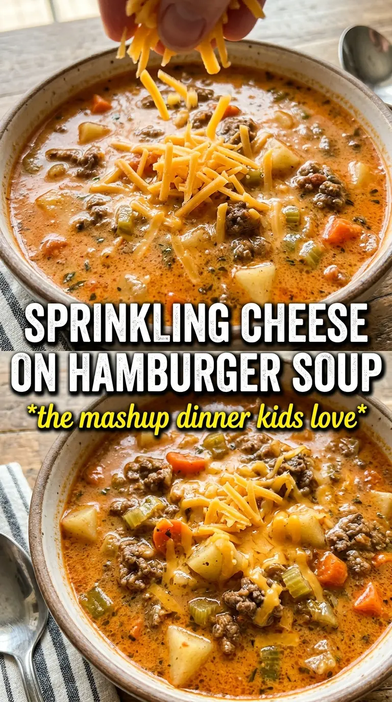 Cheesy Hamburger Potato Soup with beef, potatoes, and cheddar