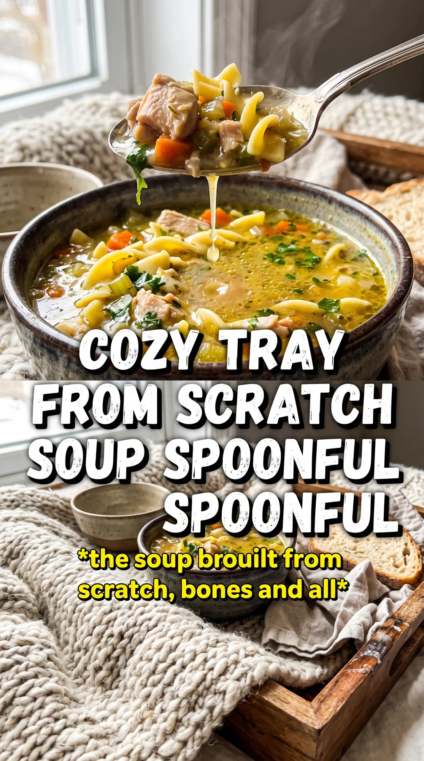 Chicken noodle soup from scratch, golden broth, shredded chicken