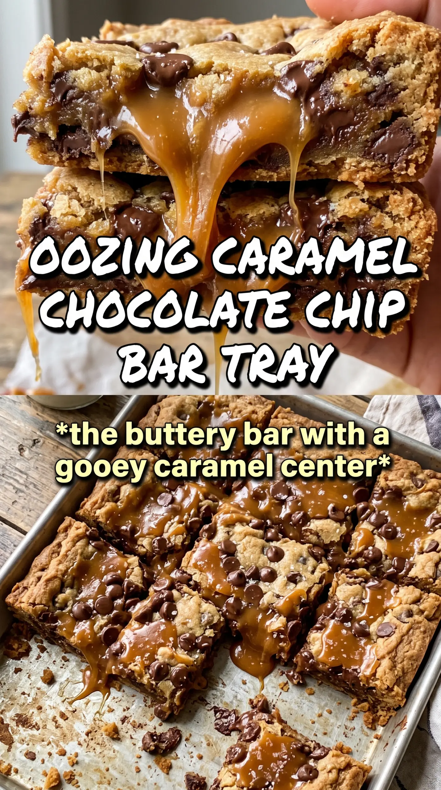 Chocolate Chip Caramel Bars, gooey layered, flaky salt