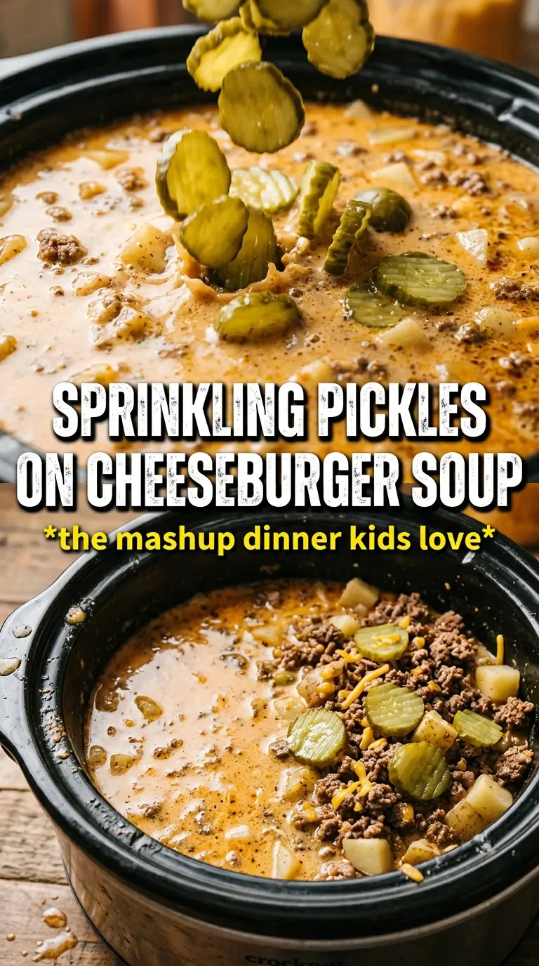 Creamy Crockpot Cheeseburger Potato Soup cheesy hearty topped with pickles