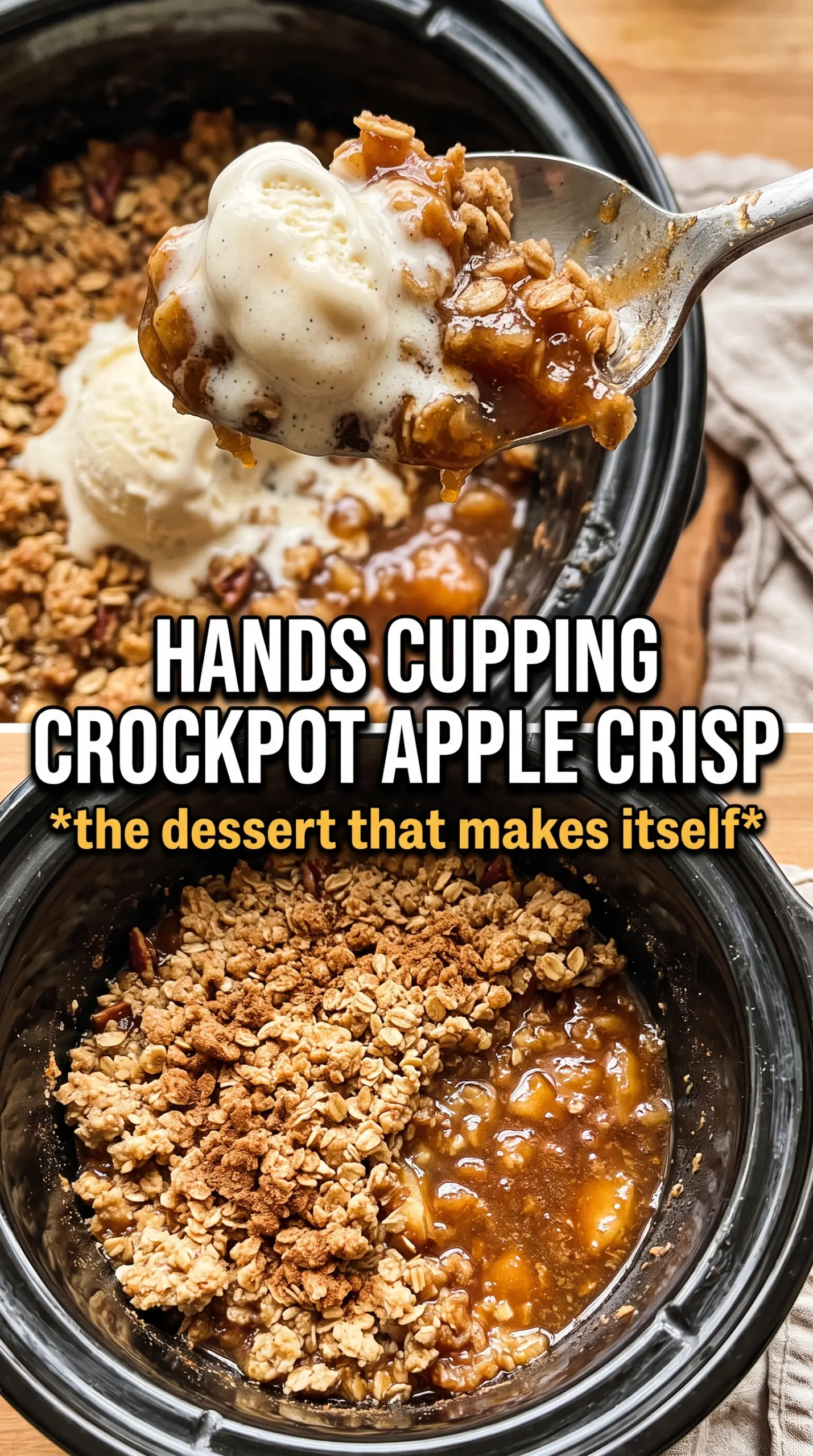 Crock Pot Apple Crisp tender cinnamon apples, oat crumble, vanilla ice cream
