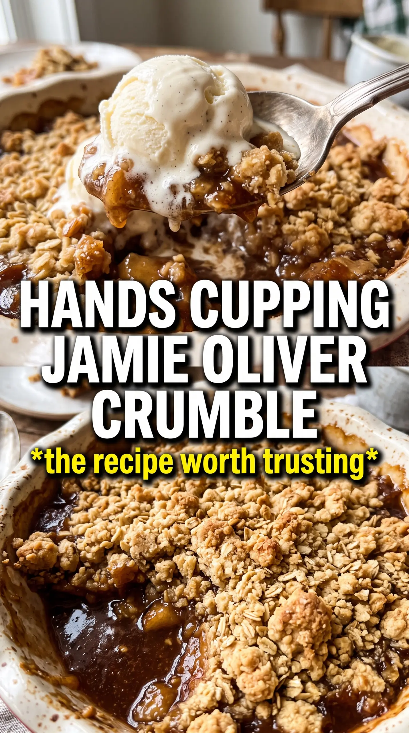 Jamie Oliver apple crumble with golden topping and bubbling fruit