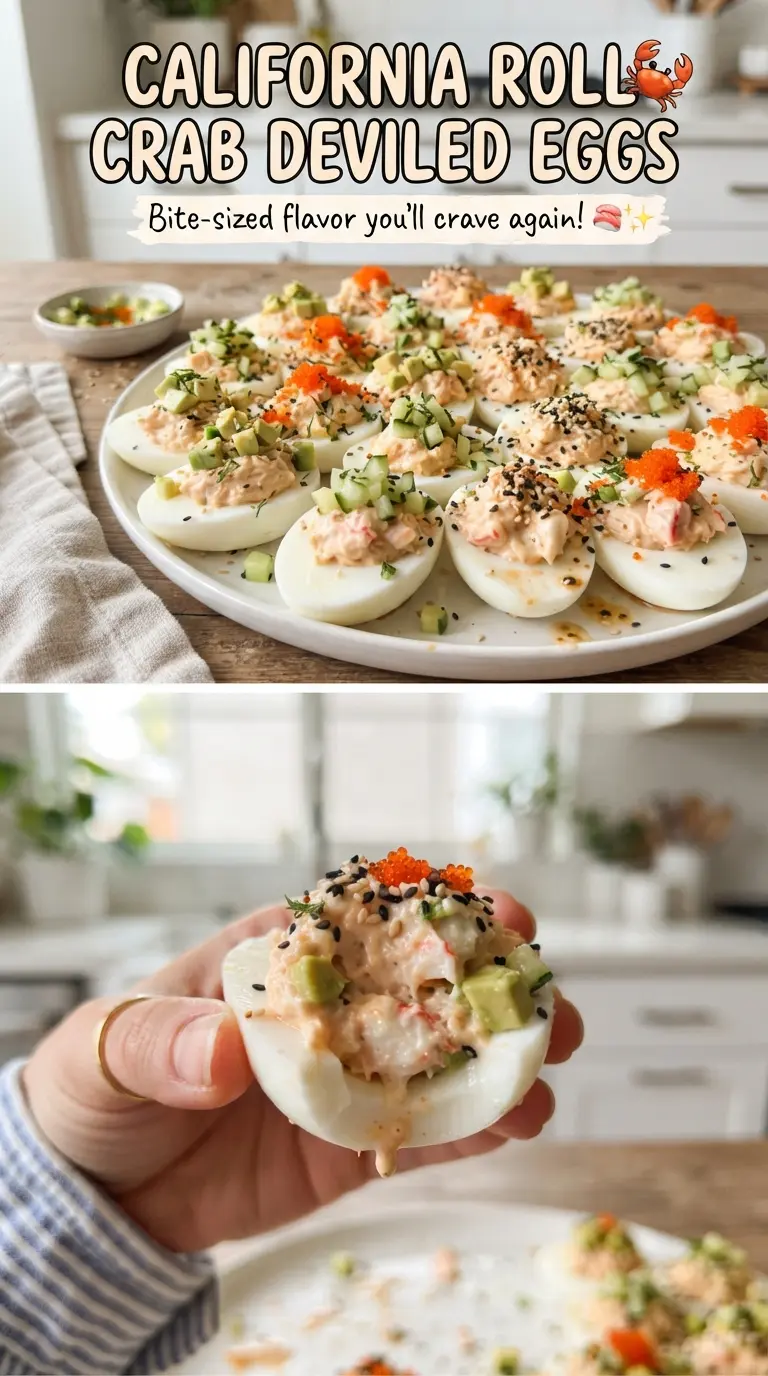 California Roll Crab Deviled Eggs creamy crab, avocado, sesame