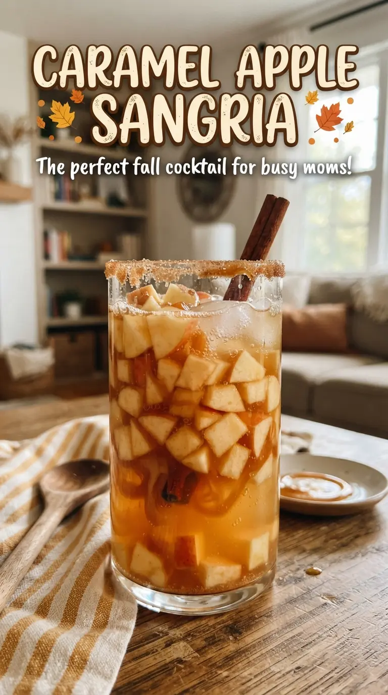 Caramel Apple Sangria with apple slices, cinnamon, and caramel rim