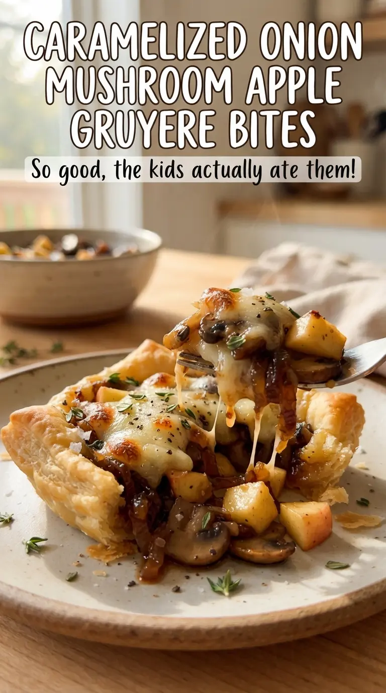 Caramelized Onion Mushroom Apple Gruyere Bites, golden savory appetizers