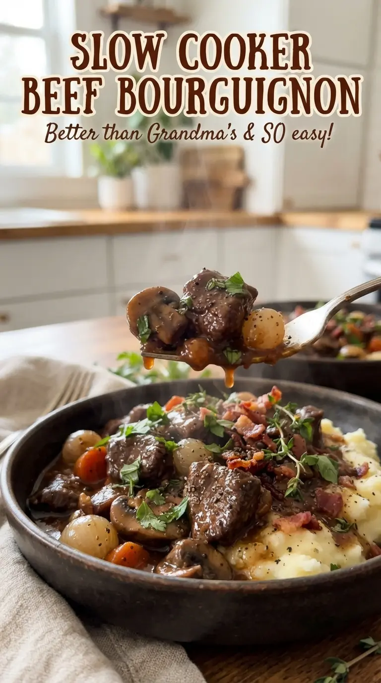 Slow Cooker Beef Bourguignon deep burgundy, wine-braised, hearty