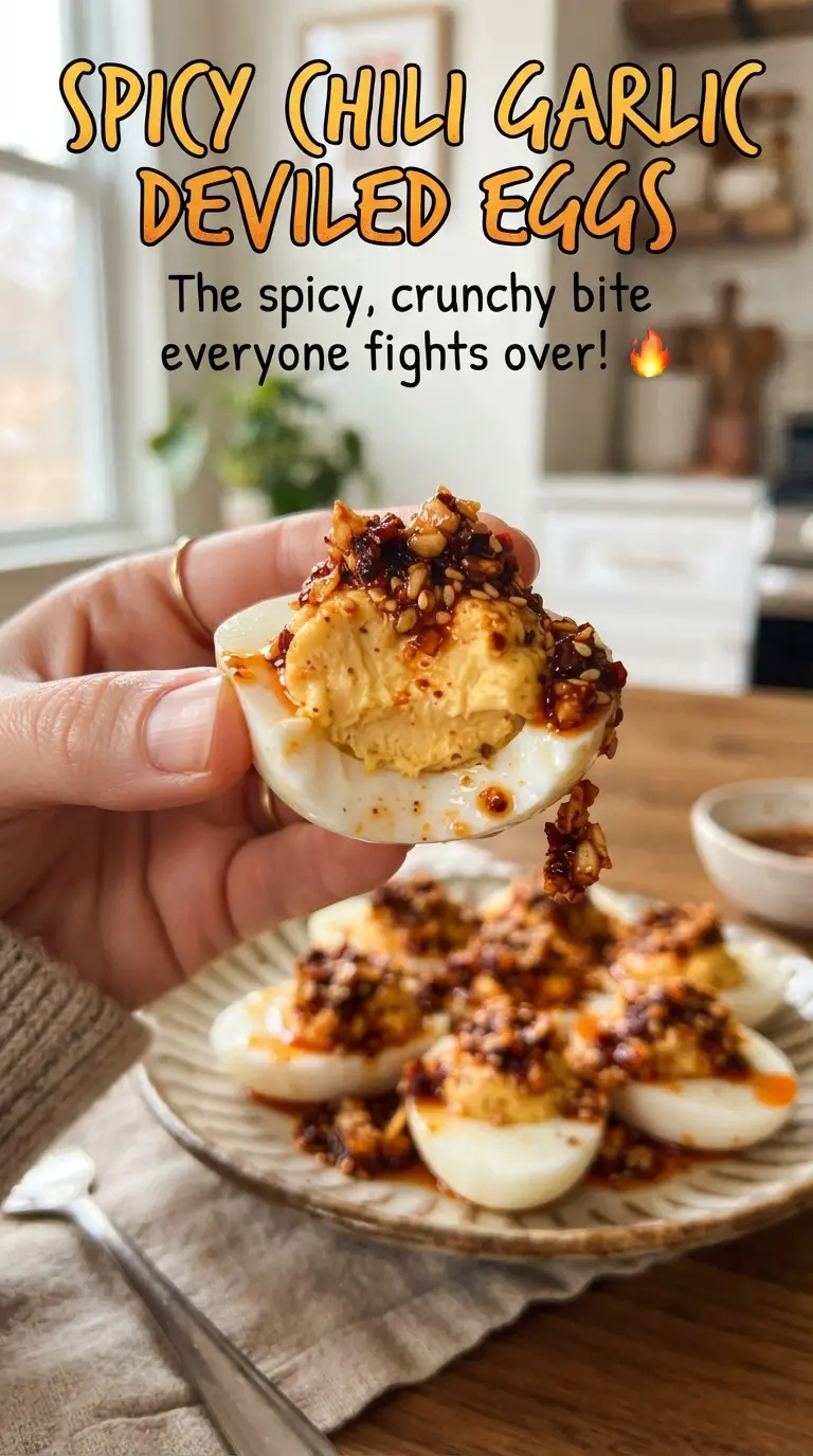 Spicy Chili Garlic Deviled Eggs, glossy crunchy sesame